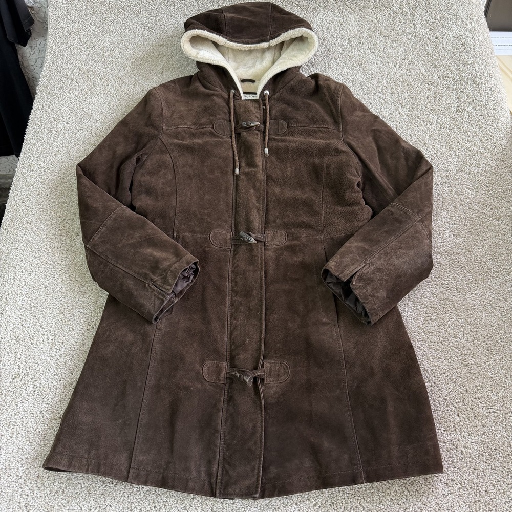 Vintage Covington Coat Womens L Brown Suede Hooded Toggle Faux Shearling Parka